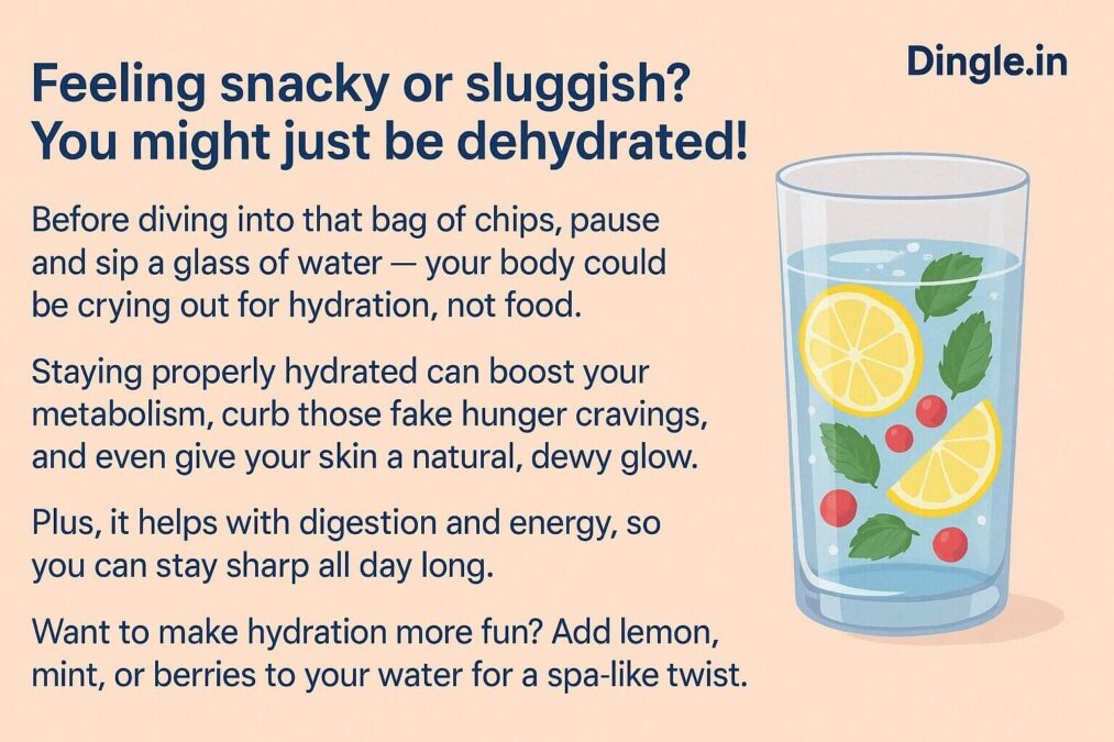 Feeling snacky or sluggish? You might just be dehydrated!
Before diving into that bag of chips, pause and sip a glass of water your body could be crying out for hydration, not food.
Staying properly hydrated can boost your metabolism, curb those fake hunger cravings, and even give your skin a natural, dewy glow.
Plus, it helps with digestion and energy, so you can stay sharp all day long.
Want to make hydration more fun? Add lemon, mint, or berries to your water for a spa like twist! Sip smarter, feel better your body will thank you. | Dingle.in