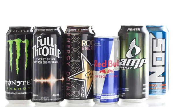 Assorted energy drink cans on a table