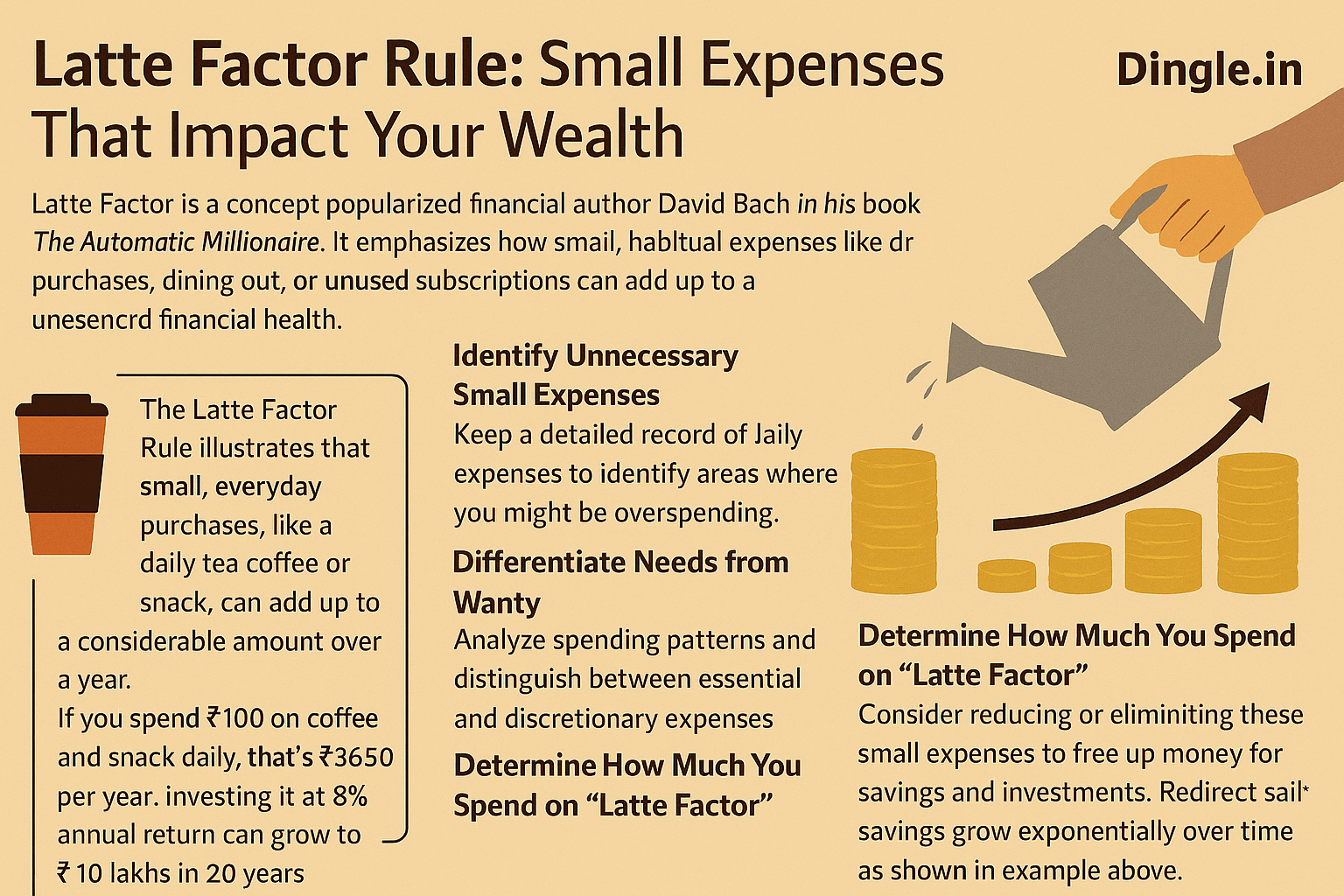 Latte Factor Rule: Small Expenses That Impact Your Wealth. It shows how small, regular costs like daily coffee, eating out, or unused subscriptions can add up. The Latte Factor is a concept popularized by financial author David Bach in his book The Automatic Millionaire. The Latte Factor shows how small, daily expenses can add up. These expenses can greatly affect your financial health over time. The Latte Factor Rule shows that small daily purchases, like tea, coffee, or snacks, can add up over a year. Example: If you spend ₹100 on coffee and snack daily, that’s ₹36,500 per year. Investing it at 8% annual return can grow to ₹10 lakhs in 20 years. This concept suggests one to identify unnecessary small expenses. For this one should keep a detailed record of daily expenses to identify areas where you might be overspending. Dining out, or unused subscriptions can add up over time and significantly impact financial health. The Latte Factor Rule shows that small daily purchases, like tea, coffee, or snacks, can add up over a year. Example: If you spend ₹100 on coffee and snack daily, that’s ₹36,500 per year. Investing it at 8% annual return can grow to ₹10 lakhs in 20 years. This concept suggests one to identify unnecessary small expenses. For this one should keep a detailed record of daily expenses to identify areas where you might be overspending. | Dingle.in