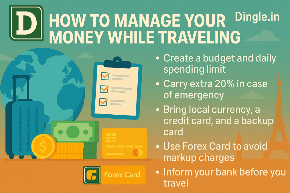 How to Manage Your Money While Traveling?
Handling your money wisely during a trip can help you enjoy more and worry less. With some simple planning, you can stay within your budget and avoid unwanted surprises.

Start by creating a budget. Think about how much you’ll need for food, transport, sightseeing, and maybe a few souvenirs. Try to set a daily spending limit. This will help you control your expenses and avoid running out of money too soon.

Remeber, to carry extra 20% more then your budget. This will help in case of emergency or unexpected, unplaned expenses.

When it comes to payment, carry a mix of options. Bring some local currency for small purchases, like street food or tips. Use a credit card that doesn’t charge foreign transaction fees for bigger expenses. Also, carry a backup card in case one gets lost or blocked.

Please note that whenever you use your debit or credit card overseas or in foreign country, your bank charges around 2% to 5% as markup charges. This means whatever you spend, it will cost you 2% to 5% more per transactions. This rate very by bank to bank.

A markup charge (also known as a foreign currency markup fee or foreign transaction fee) is an extra charge that your bank or card issuer adds when you make purchases in a foreign currency while traveling abroad or shopping online from international merchants.

To avoid this there are Forex Card available which prepaid card. You can use this Forex Card as your regular debit card or credit card. Only difference is that Forex Card is a prepaid card. You use it up to its limit. Once empty, you can top up this Forex Card from net banking or from you banking app. Most of the Forex card does not charge mark up or transaction charges. Therefore get a forex card during your foreign trip.

Before you travel, inform your bank about your trip. Let them know where you’re going and for how long. This helps prevent your card from getting frozen due to suspected fraud when they see charges from another country. With smart money planning, your trip can be smooth, safe, and more enjoyable. You’ll be ready for fun, not financial problems.

A Forex Card (short for Foreign Exchange Card) is a prepaid travel card. This allows you to load foreign currency (like USD, EUR, GBP, etc.) and use it abroad just like a debit or credit card. It’s specially designed for international travel. Forex Card is one of the most convenient and cost effective way for travelers to carry money overseas.

Dingle.in