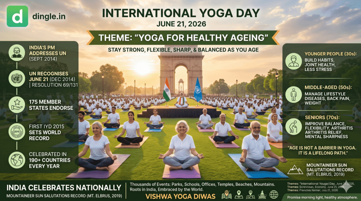 When is International Yoga Day celebrated?
International Yoga Day, also known as the International Day of Yoga or World Yoga Day, is celebrated every year on June 21, the longest day of the year in the Northern Hemisphere, known as the Summer Solstice. This date was chosen for its deep significance in yoga and ancient Indian traditions. The long day symbolises light, energy, and awareness, values that yoga has always stood for.How did International Yoga Day begin?
The idea was proposed by India’s Prime Minister Narendra Modi during his address to the United Nations General Assembly in September 2014. The United Nations officially recognised June 21 as the International Day of Yoga in December 2014 through resolution 69/131, and the draft resolution was endorsed by a record 175 member states.The first International Yoga Day was celebrated on June 21, 2015, and it set a world record for the largest yoga session ever held.Since then, it has grown into one of the most widely observed UN days in the world, celebrated in over 190 countries every year.Theme of International Yoga Day 2026
Every year, International Yoga Day carries a theme, a message that the world focuses on together. The 2026 theme is:“Yoga for Healthy Ageing”This theme shines a light on one of yoga’s most underrecognised gifts, helping people age with strength, dignity, and joy. The ancient texts always described yoga as a lifelong path, one that becomes richer and more essential as the body and mind move through the decades.The theme is a direct response to a global reality. The world’s population is ageing faster than at any point in history. Yoga offers a gentle, proven, and accessible way for people of all ages, especially older adults, to stay strong, flexible, mentally sharp, and emotionally balanced.Think about it, you do not need to be young and flexible to do yoga. A 60 year old with stiff joints can benefit just as much as a 25 year old athlete. That is the beauty of yoga, and that is exactly what this year’s theme celebrates.Yoga for Healthy Ageing — What It Means for You
Whether you are in your 30s, 50s, or 70s, the 2026 theme has something to say to you:For younger people: Start building healthy habits now. Yoga today means fewer joint problems, less stress, and better health as you grow older.
For middle-aged people: Yoga helps manage lifestyle diseases, back pain, weight, and mental stress — the common troubles of this stage of life.
For seniors: Yoga improves balance, flexibility, and breathing. It reduces the risk of falls, relieves arthritis pain, and keeps the mind sharp.
Yoga does not ask you to be perfect or young. It only asks you to begin.- dingle