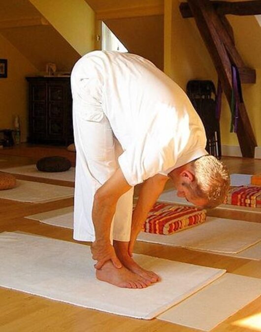 Part 10 - PadHastasan or HastaPadasan or Uttanasan

This is also called the "standing forward bend" or "Hand to Foot Pose." This position stretches your hamstring muscles and bends your waist and spine.
-Dingle.in