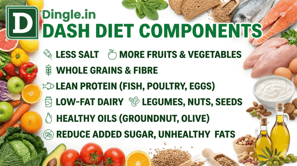 What are the components of DASH diet?
The DASH diet focuses on eating less salt and more healthy foods like fruits, vegetables, whole grains, low-fat dairy, and lean protein.at dairy, and lean protein.
Cut down on unhealthy items. Reduce salt, added sugar, refined grains, and unhealthy fats.
Prepare your meals around plant foods. Fill your plate with vegetables, fruits, and whole grains. This gives your body more fibre, vitamins, and minerals.
Eat legumes, nuts, and seeds every day. Beans and lentils provide plant protein, while nuts and seeds supply healthy fats and fibre.
Non-Vegetarian food eaters should choose lean protein sources. Eat fish (especially fatty fish), skinless chicken, and eggs. Eat red meat less often and choose lean, unprocessed fats when you do.
Use healthy oils in small amounts. Cook with oils like groundnut oil. You may use olive, sunflower, or mustard oil; however, strictly avoid palm oil.
The DASH-Sodium Trial showed that combining DASH with sodium reduction produces even greater blood pressure lowering than either intervention alone.