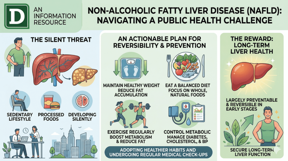 Non-Alcoholic Fatty Liver Disease has become a major public health challenge, particularly in countries experiencing rapid lifestyle changes. The condition develops silently but can lead to serious liver damage if ignored.
Fortunately, fatty liver is largely preventable and reversible in its early stages. Maintaining a healthy weight, eating a balanced diet, exercising regularly, and controlling metabolic conditions are the most effective ways to protect liver health.
By adopting healthier habits and undergoing regular medical check-ups, individuals can significantly reduce the risk of fatty liver disease and maintain long-term liver function |
dingle