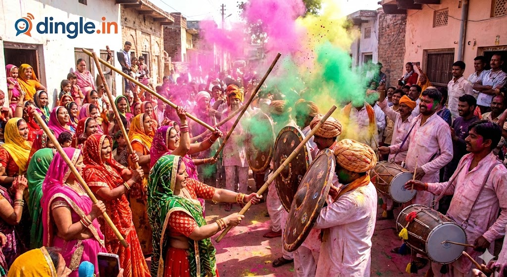 Lathmar Holi: The Festival of Sticks
Lathmar Holi literally translates to “that Holi in which people hit with sticks,” and it is celebrated primarily in the neighbouring towns of Barsana and Nandgaon in the Braj region.

The tradition reenacts a famous legend where Lord Krishna travelled from his village of Nandgaon to Barsana to playfully tease Radha and her friends, who responded by chasing him away with sticks.

Today, men from Nandgaon visit Barsana singing provocative songs to recreate this teasing, and the local women playfully beat them back with long, sturdy bamboo sticks called lathis. The men come prepared with padded clothing and large wooden shields to protect themselves from the blows amidst the flying-coloured powders and cheering crowds.

It is a spectacular, high-energy display of mock combat, music, and devotion that perfectly captures the mischievous spirit of Krishna’s youth. | dingle