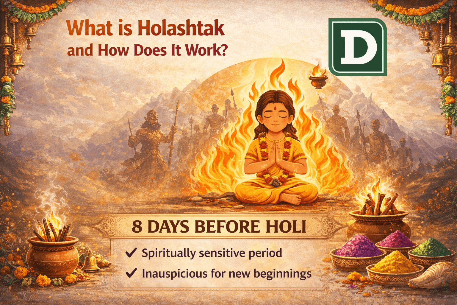 Holashtak is an eight-day, spiritually sensitive phase in the Hindu calendar that occurs immediately before the Holi festival. In the Hindu calendar, the Holashtak phase refers to the eight-day period immediately preceding the festival of Holi. The festival of Holi is eagerly awaited across India, but before the vibrant colors fill the air, there is an eight-day period of caution known as holashtak. If you have ever wondered, “What is Holashtak and how does it work?”, you are not alone. Many people search for the exact meaning of holashtak every year to understand its cultural and astrological importance. Derived from the Sanskrit words Holi and Ashtak (meaning eight), this phase begins on the Ashtami Tithi (8th lunar day) of the Shukla Paksha (waxing moon) in the month of Phalguna and concludes on the Purnima (full moon day) with the ritual of Holika Dahan. It is considered inauspicious for starting new or major life events, with the time focused instead on prayer, reflection, and, for many, the beginning of preparations for Holika Dahan. | dingle