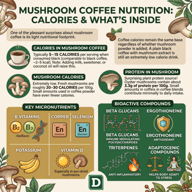 Mushroom Coffee Nutrition: Calories & What’s InsideOne of the pleasant surprises about mushroom coffee is its light nutritional footprint:Calories in mushroom coffee: Typically 5–15 calories per serving when consumed black, comparable to black coffee calories (around 2–5 kcal per cup). Adding milk, sweetener, or coconut oil will raise this.
Mushroom calories: Most medicinal mushrooms are extremely low in calories, roughly 20–30 calories per 100g of fresh mushroom, and even less in the small quantities used in coffee powder.
Protein in mushroom: Mushrooms are a surprising source of plant protein, oyster mushrooms, for example, contain about 3.3g of protein per 100g. However, the small amounts of mushroom powder in coffee blends contribute minimally to daily protein intake.
Key micronutrients: B vitamins (B2/riboflavin, B3/niacin), copper, selenium, potassium, and vitamin D (especially in sun dried mushrooms).
Bioactive compounds: Beta glucans (immune modulating polysaccharides), ergothioneine (antioxidant), triterpenes (anti inflammatory), and adaptogenic compounds.Coffee calories remain the same base regardless of whether mushroom powder is added. A plain black coffee with mushroom extract is still an extremely low calorie drink.-dingle