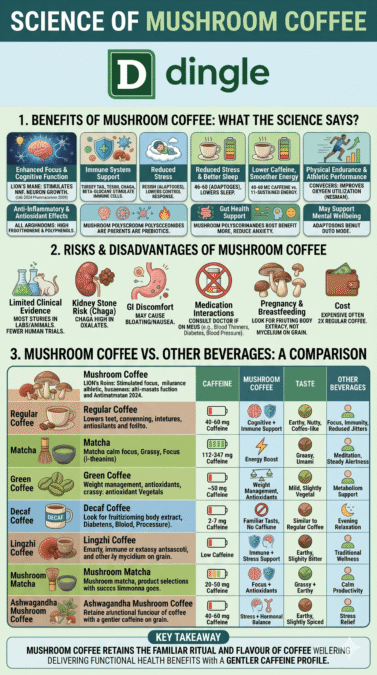 Mushroom Coffee Nutrition: Calories & What’s InsideOne of the pleasant surprises about mushroom coffee is its light nutritional footprint:Calories in mushroom coffee: Typically 5–15 calories per serving when consumed black, comparable to black coffee calories (around 2–5 kcal per cup). Adding milk, sweetener, or coconut oil will raise this.
Mushroom calories: Most medicinal mushrooms are extremely low in calories, roughly 20–30 calories per 100g of fresh mushroom, and even less in the small quantities used in coffee powder.
Protein in mushroom: Mushrooms are a surprising source of plant protein, oyster mushrooms, for example, contain about 3.3g of protein per 100g. However, the small amounts of mushroom powder in coffee blends contribute minimally to daily protein intake.
Key micronutrients: B vitamins (B2/riboflavin, B3/niacin), copper, selenium, potassium, and vitamin D (especially in sun dried mushrooms).
Bioactive compounds: Beta glucans (immune modulating polysaccharides), ergothioneine (antioxidant), triterpenes (anti inflammatory), and adaptogenic compounds.Coffee calories remain the same base regardless of whether mushroom powder is added. A plain black coffee with mushroom extract is still an extremely low calorie drink.
Benefits of Mushroom Coffee: What the Science Says?Here’s where mushroom coffee earns its hype, with appropriate nuance about what research actually confirms.
1. Enhanced Focus & Cognitive FunctionThe clearest benefit comes from lion’s mane mushroom coffee. Studies suggest lion’s mane stimulates NGF production, which supports the growth and repair of neurons. A 2024 peer reviewed study published in Pharmaceuticals (PubMed indexed) found that adding Cordyceps militaris and Hericium erinaceus (lion’s mane) to coffee produced measurable bioactive compounds in the final brewed cup. This is the study that moved many scientists from skeptical to intrigued.
2. Immune System SupportTurkey tail, reishi, and chaga are all associated with immune modulation. Their beta glucan content is thought to stimulate immune cells and regulate inflammation. Polyphenols in chaga act as antioxidants, protecting cells from free radical damage.
3. Reduced Stress & Better SleepReishi is classified as an adaptogen, a substance that helps the body manage stress more effectively. Regular consumption of reishi based mushroom coffee may reduce cortisol response and support more restful sleep. This makes reishi mushroom coffee a popular choice as an evening ritual.
4. Lower Caffeine, Smoother EnergyStandard mushroom coffee blends contain significantly less caffeine than regular coffee, 40–60 mg per serving, compared to 113–247 mg in a standard cup of regular coffee. Yet, thanks to the adaptogenic mushrooms, users report sustained energy without the classic caffeine jitters or 2 PM crash. This is one of the top reasons people switch from luwak coffee or strong espresso to mushroom coffee.
5. Physical Endurance & Athletic PerformanceCordyceps has been studied for its ability to improve oxygen utilisation. A randomised, double blind, placebo controlled trial found that a mushroom blend containing cordyceps (4g/day for 3 weeks) improved VO2max compared to a placebo group.
6. Anti Inflammatory & Antioxidant EffectsAll functional mushrooms in coffee contain high levels of ergothioneine and polyphenols, antioxidants that reduce oxidative stress, protect cardiovascular health, and lower systemic inflammation.
7. Gut Health SupportThe polysaccharides in medicinal mushrooms act as prebiotics, feeding beneficial gut bacteria. A 2023 review in Biology confirmed that mushroom polysaccharides positively interact with the gut microbiota.
8. May Support Mental WellbeingA 2024 review published in Neuroscience & Biobehavioral Reviews found that mushrooms may benefit mood and neurocognitive health across the lifespan, with potential to reduce anxiety and mild depression, partly through adaptogenic mechanisms.
Risks & Disadvantages of Mushroom CoffeeMushroom coffee is generally safe for most healthy adults, but it is not without caveats. Here’s what credible medical sources advise:
1. Limited Clinical EvidenceAs Harvard Health and the Cleveland Clinic both note, while the bioactive compounds in medicinal mushrooms are promising, most studies have been conducted in labs or on animals, not large scale human clinical trials. Many benefits are based on the mushrooms themselves, not specifically on mushroom coffee as a brewed product. The concentration of mushroom extract in a commercial blend may be too low to replicate study doses.
2. Kidney Stone Risk (Chaga)Chaga mushrooms are high in oxalates. High oxalate intake increases the risk of kidney stones. People with kidney issues, or those already prone to kidney stones, should avoid or limit chaga heavy blends.
3. GI DiscomfortSome users report bloating, nausea, or loose stools, especially when starting out or consuming large amounts. Mushroom extracts can be hard on sensitive digestive systems.
4. Medication InteractionsCertain mushrooms carry specific drug interaction risks:Reishi can lower blood pressure, risky for those already on antihypertensive medication.
Chaga is a natural blood thinner, avoid if you’re on blood thinning medications.
Cordyceps may interact with diabetes medications.
Turkey tail may affect immunosuppressant drugs. Always consult a doctor before adding mushroom coffee to your routine if you’re on medication.5. Pregnancy & BreastfeedingThere is insufficient data on safety for pregnant or breastfeeding individuals. Most medical sources advise avoiding mushroom coffee during pregnancy as a precaution.
6. CostAs UCLA Health notes, mushroom coffee often costs at least twice the price of regular coffee. A quality blend like Ryze or Four Sigmatic can cost ₹2,000–₹4,000+ for a month’s supply in India.
7. Product Quality Varies WidelyNot all mushroom coffee is created equal. Some products use mycelium on grain (a cheaper form) rather than the actual fruiting body of the mushroom, which contains fewer bioactive compounds. Look for products that specify fruiting body extract and list actual beta glucan percentages.
-dingle