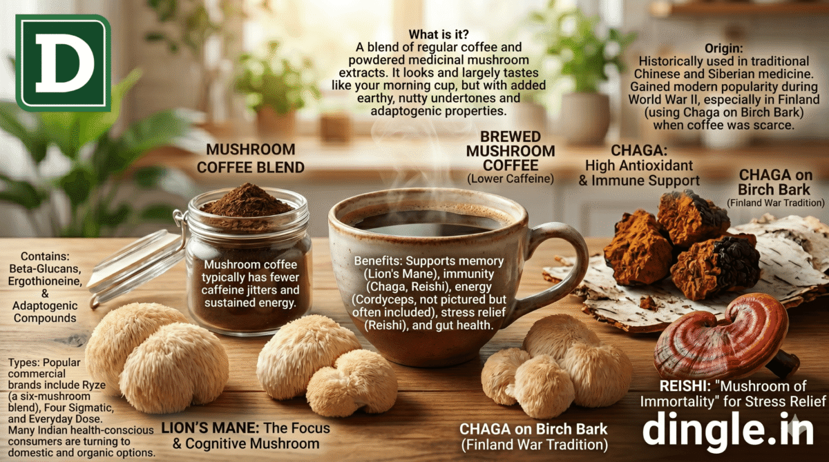 Why Is Everyone Talking About Mushroom Coffee? Scroll through Instagram or YouTube Shorts long enough and you’ll inevitably land on it, a steaming cup of something called mushroom coffee. Celebrities, fitness influencers, and health bloggers are raving about it. But is it just another wellness fad, or does this fungi infused brew actually deliver on its promises? If you’ve been seeing viral posts about shroom coffee, Ryze mushroom coffee, lion’s mane mushroom coffee, or reishi mushroom coffee and wondering what on earth it all means, this comprehensive guide is for you. Let’s go from zero to expert, covering everything: what mushroom coffee is, its fascinating origin story, the types of mushrooms used, the real science backed benefits, the risks, how to make it at home, and how it compares to other popular beverages like matcha, green coffee, and decaf coffee. -dingle