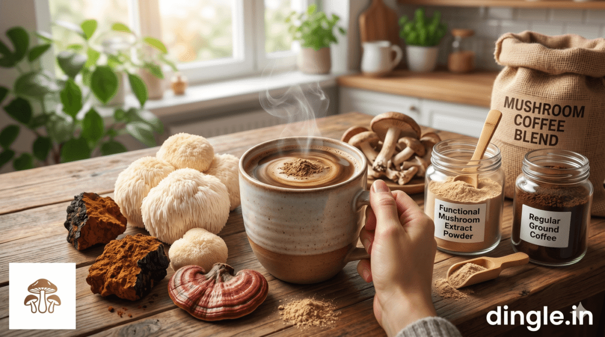 What Is Mushroom Coffee?
Mushroom
coffee is a beverage made by blending regular ground coffee or coffee
powder with powdered extracts of medicinal (also called “functional”)
mushrooms. The result looks, smells, and largely tastes like your
regular morning cup, but with added earthy, nutty undertones and a
wealth of potential health benefits.
It
is important to understand that the mushrooms used in mushroom coffee
are not the culinary varieties you’d toss into a chilli mushroom or
mushroom curry. Instead, these are specifically chosen medicinal mushrooms, species that have been studied for their bioactive compounds and adaptogenic properties.
Common mushrooms used include:Lion’s Mane (Hericium erinaceus)
Chaga (Inonotus obliquus)
Reishi (Ganoderma lucidum, also known as Lingzhi mushroom)
Cordyceps (Cordyceps militaris or sinensis)
Turkey Tail (Trametes versicolor)
King Trumpet / Oyster Mushroom
These
mushrooms are harvested, dried, and ground into a fine mushroom powder.
This powder is then either blended with coffee grounds or sold as a
mushroom coffee mix that dissolves in hot water.
Popular
commercial brands include Ryze Mushroom Coffee (one of the top selling
in the US, with 540,000 monthly searches in 2025), Four Sigmatic, and
Everyday Dose mushroom coffee, all of which sell ready to mix instant
blends.-dingle